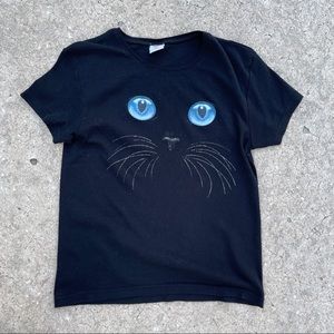 Girls XL Black T-Shirt with Cute Blue Eyed cat and whiskers